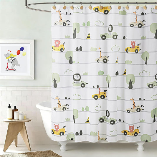 Sunlit Funny Car Race Fabric Kids Shower Curtain, Cute Cartoon Animal Drivers with Giraffe, Lion & Bear, Fun Road Trip Theme Bathroom Decor for Boys and Girls, 72 x 72 Inches, Sage Green