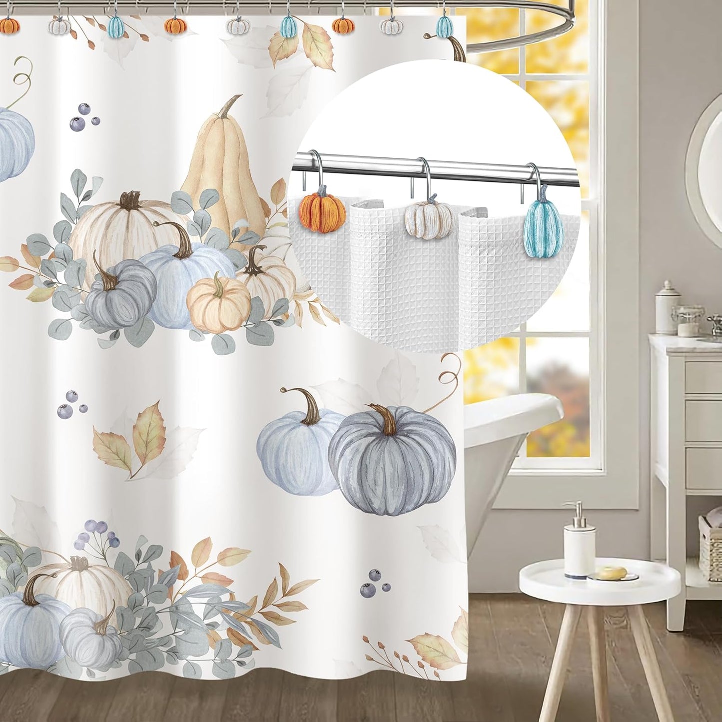 Sunlit Fall Pumpkin Decorative Shower Curtain Hooks, Autumn Harvest Festival Shower Curtain Rings, Resin, Blue Khaki Orange Farmhouse Bathroom Curtain Hangers Decoration, Set of 12