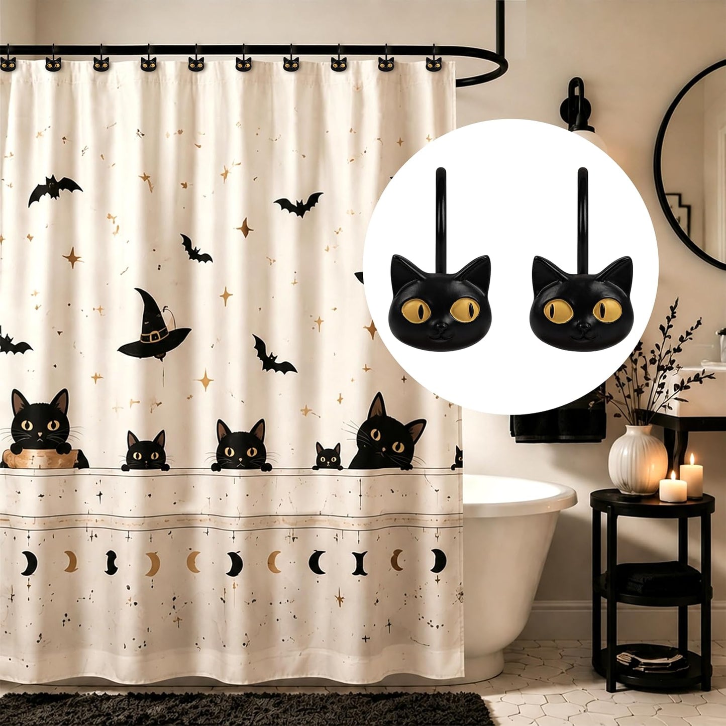 Sunlit Halloween Black Cat Shower Curtain Hooks, Home Decorative Shower Curtain Rings for Bathroom, Shower Curtain Hangers Bathroom Accessories, Set of 12, Classic Meows