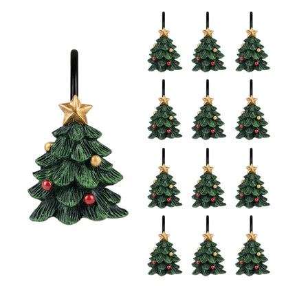 Sunlit Christmas Tree Decorative Shower Curtain Hooks with Star, Green Shower Curtain Rings, Resin, Xmas Theme Winter Holiday Bathroom Decoration, Set of 12