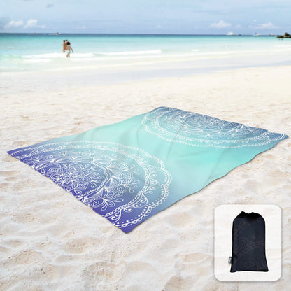 Sunlit 10'x9' Extra Large Boho Sand Proof Beach Blanket, Sand Proof Mat with Corner Pockets and Mesh Bag for Beach Party, Travel, Camping and Outdoor Music Festival, Light Orange and Sky Blue Mandala