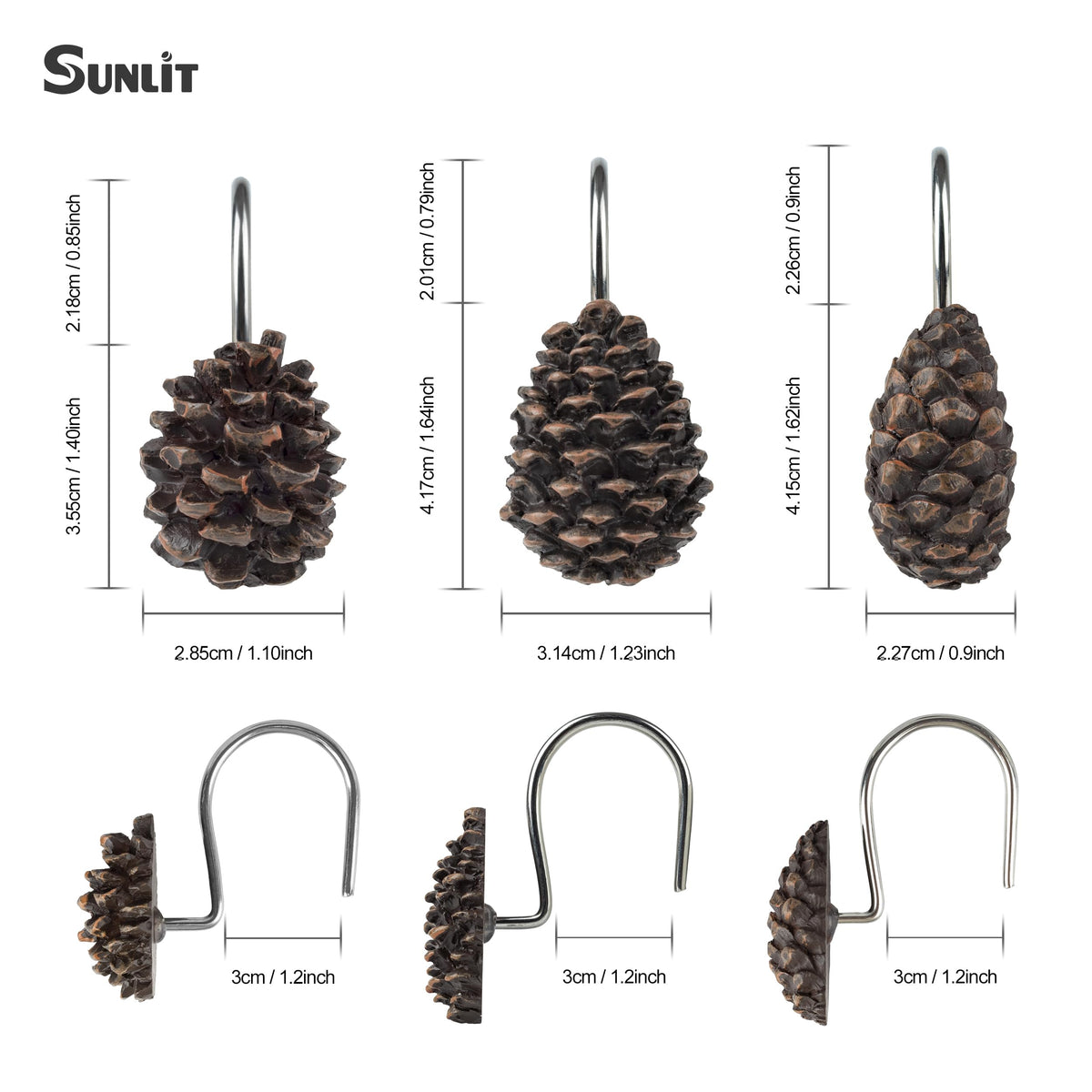 Sunlit Snowy Pinecone Shower Curtain Hooks Set of 12, Snow-Tipped Pine Cone Curtain Rings for Christmas Winter Bathroom Decor, Rustic Decorative Resin Bath Accessories