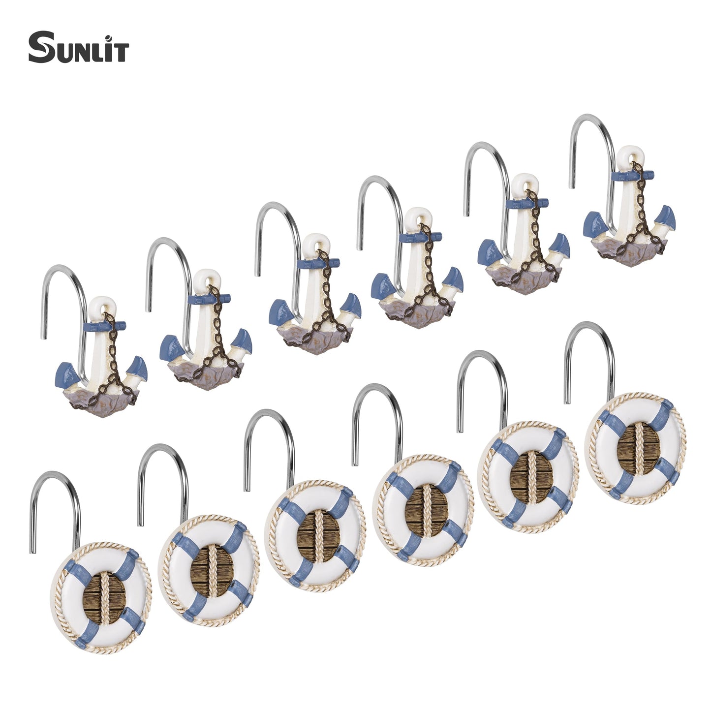 Sunlit Nautical Shower Curtain Hooks, Home Decorative Coastal Shower Curtain Rings for Bathroom, Resin, Ocean Shower Curtain Hanger Hooks for Living Room, Set of 12, Blue Lighthouse Sailboat