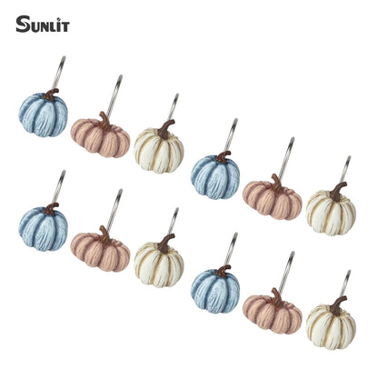 Sunlit Fall Pumpkin Decorative Shower Curtain Hooks, Autumn Harvest Festival Shower Curtain Rings, Resin Farmhouse Bathroom Curtain Hangers Decoration, Set of 12, Orange Blue White