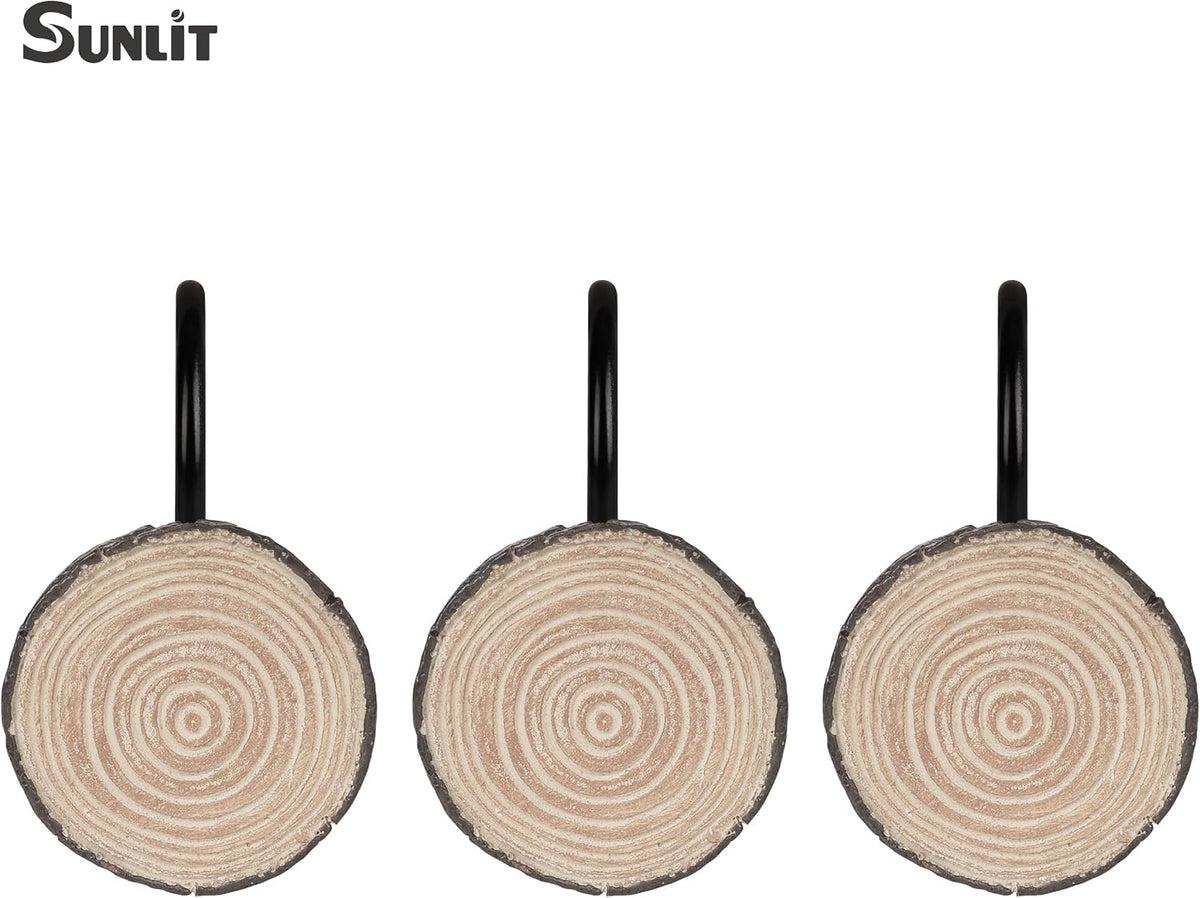 Sunlit Farmhouse Wooden Slices Shower Curtain Hooks, Rustic Home Decorative Shower Curtain Rings with Black Hooks for Bathroom, Resin Shower Curtain Hangers Bathroom Accessories, Set of 12