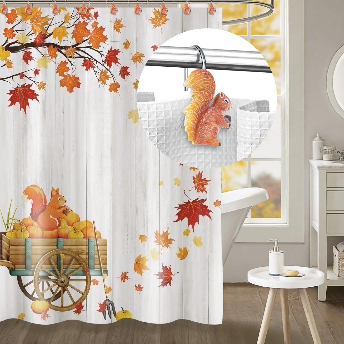 Sunlit Fall Autumn Decorative Shower Curtain Hooks, Pumpkin Maple Leaf Squirrel Acorn Shower Curtain Rings, Resin, Orange Leaves Cute Bathroom Curtain Hangers Decoration, Set of 12