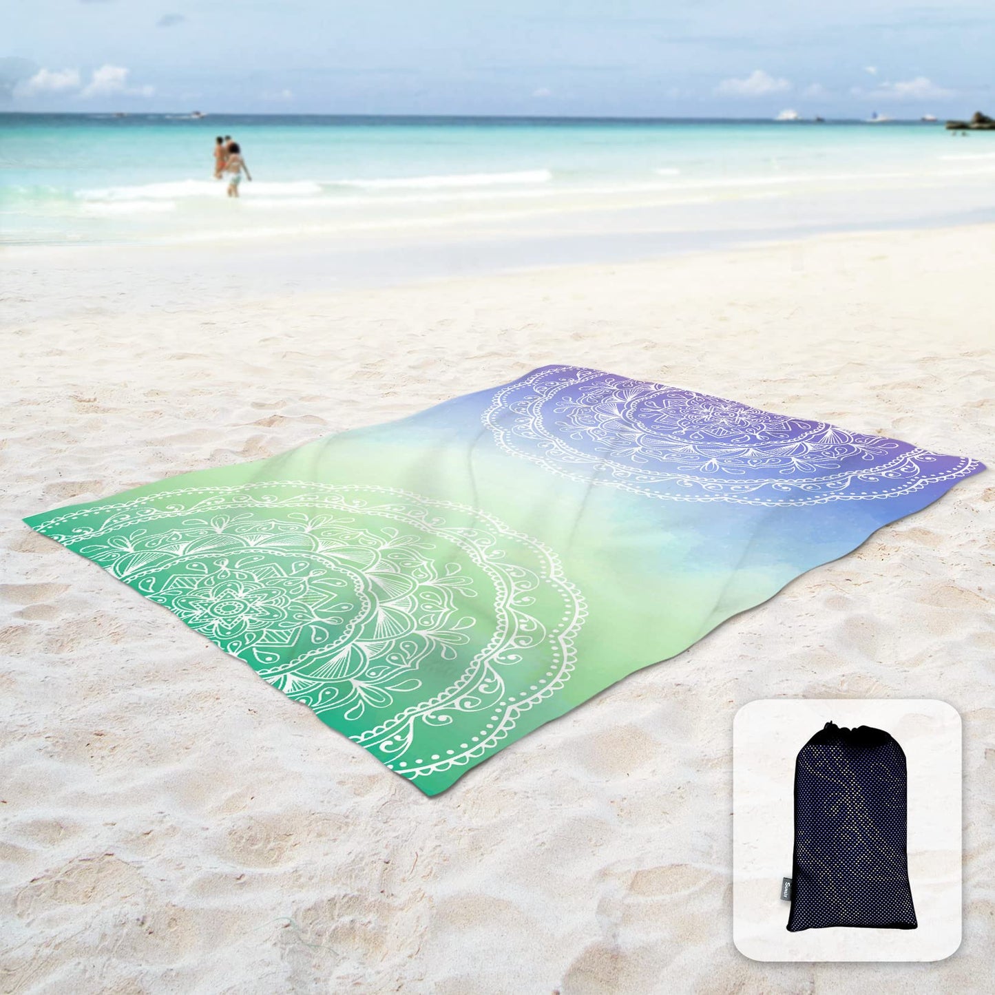 Sunlit 10'x9' Extra Large Boho Sand Proof Beach Blanket, Sand Proof Mat with Corner Pockets and Mesh Bag for Beach Party, Travel, Camping and Outdoor Music Festival, Light Orange and Sky Blue Mandala