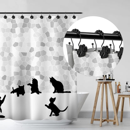 Sunlit Fashion Design Cute Paw Print Polished Double Shower Curtain Hooks for Dog Cat and Bear, Rust Proof Oil Metal Shower Curtain Rings, Black-12 Pack