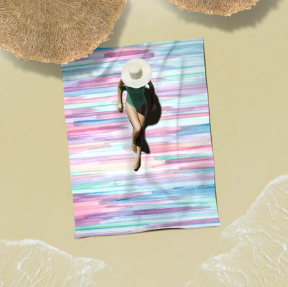 Sunlit Silky Soft 106"x81" Sand Proof Beach Blanket Sand Proof Mat with Corner Pocket and Mesh Bag for Beach Party, Travel, Camping and Outdoor Music Festival, Watercolor Painting Macaron Blue
