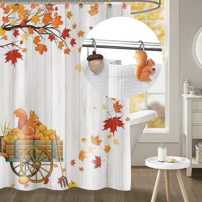 Sunlit Fall Autumn Decorative Shower Curtain Hooks, Pumpkin Maple Leaf Squirrel Acorn Shower Curtain Rings with Black Hooks, Resin, Orange Leaves Cute Bathroom Curtain Hangers Decoration, Set of 12