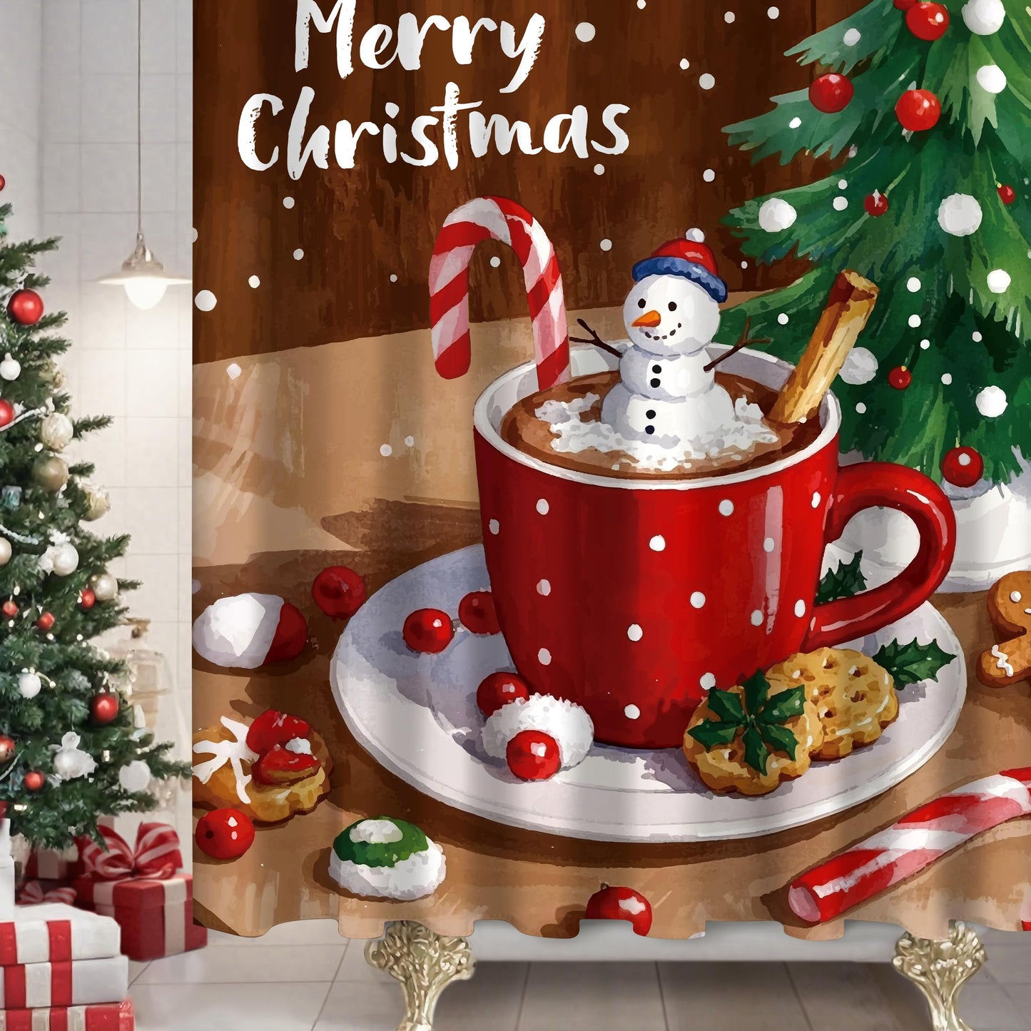 Sunlit Christmas Shower Curtain, Red Mug Hot Cocoa with Snowman Marshmallows and Gingerbread Cookies, Whimsical Holiday Scene Festive Bathroom Fabric Shower Curtain, Home Decor Tapestry, 72" x 72"