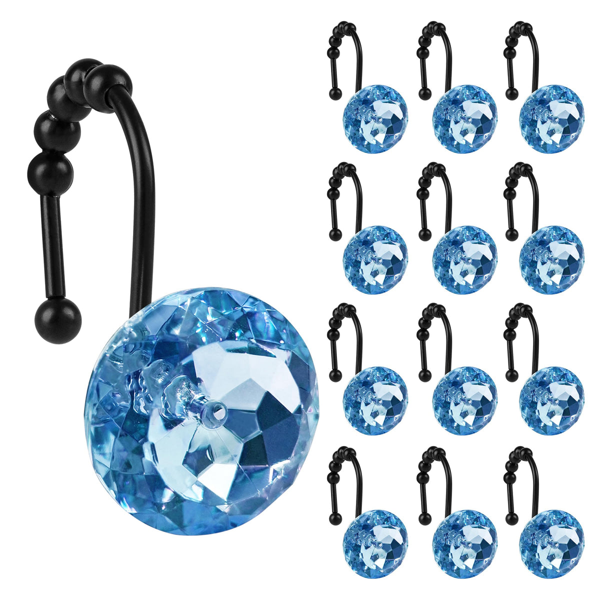 Sunlit Round Rhinestone Shower Curtain Hooks with Glide Balls, 12 Pack