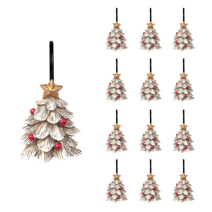 Sunlit Christmas Tree Decorative Shower Curtain Hooks with Star, Green Shower Curtain Rings, Resin, Xmas Theme Winter Holiday Bathroom Decoration, Set of 12