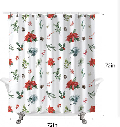 Sunlit Christmas Shower Curtain, Festive Poinsettia and Pine Botanical Holiday Print with Candy Cane Accents, Winter Farmhouse Bathroom Decor, 72" x 72"