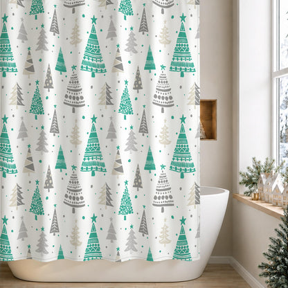 Sunlit Christmas Shower Curtain, Blue and Gray Xmas Trees with Stars and Snow Pattern Shower Curtains for Bathroom Decor, Winter Snowflake Pine Tree Bathroom Curtains, 71x71 Inch