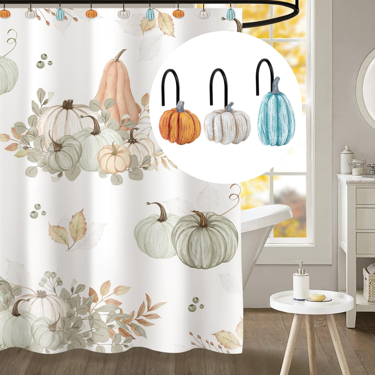 Sunlit Fall Pumpkin Decorative Shower Curtain Hooks, Autumn Harvest Festival Shower Curtain Rings, Resin Farmhouse Bathroom Curtain Hangers Decoration, Set of 12, Orange Blue White