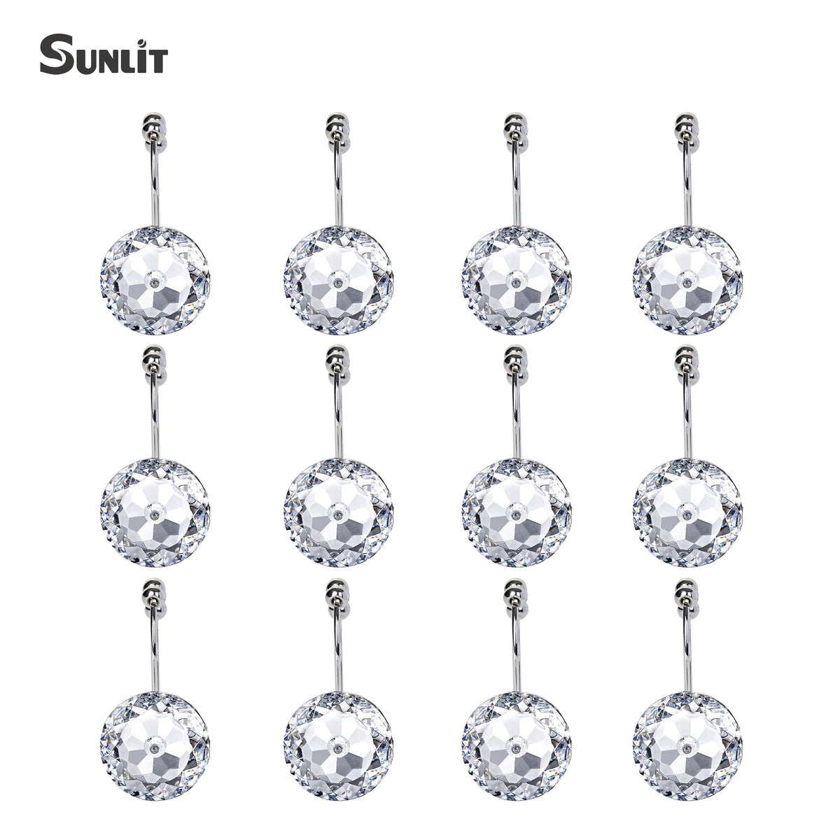 Sunlit Round Rhinestone Shower Curtain Hooks with Glide Balls, 12 Pack