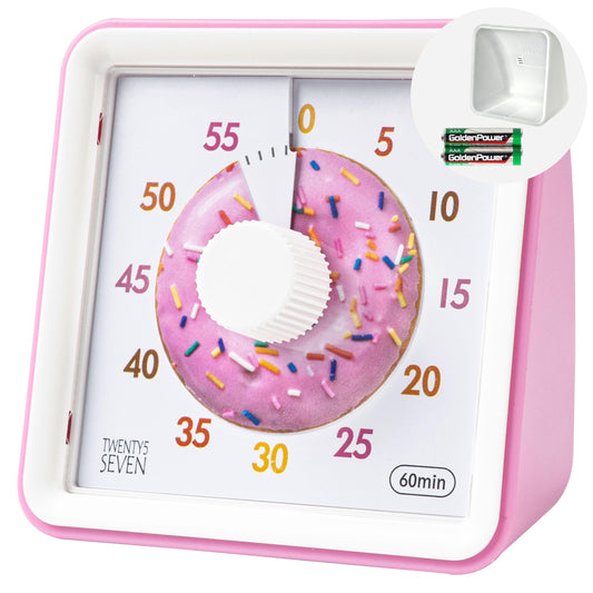 Visual Timer with Protective Case, 60-Minute Countdown Timer for Kids Autism ADHD Classroom Home Office, Countdown Clock for Teaching Work Meeting Time Management with Pink Donut Pattern