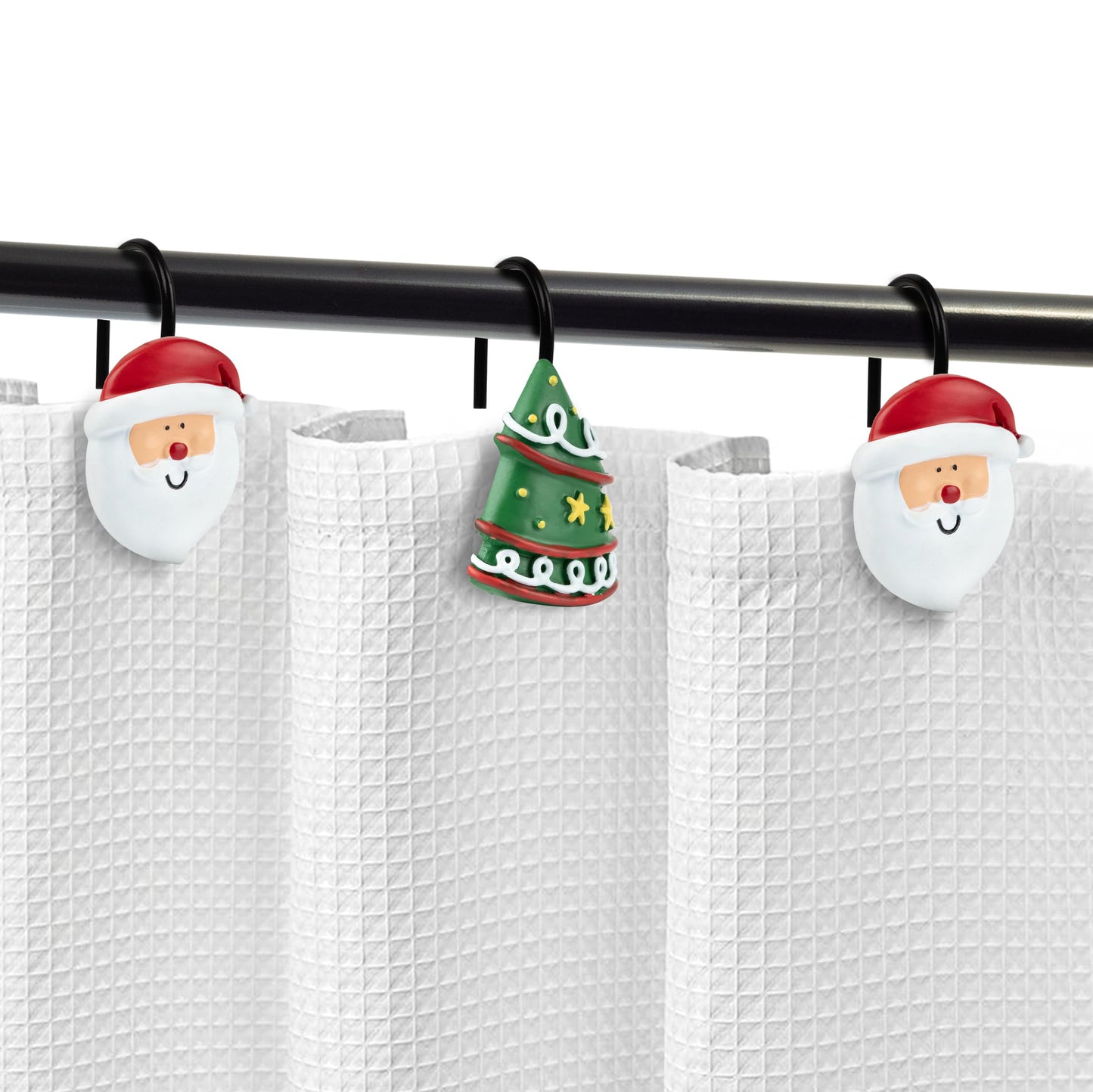 Sunlit Merry Christmas Shower Curtain Hooks Smiling Santa Claus Shower Curtain Rings, Resin, Christmas Decor, Winter Bathroom Decoration - 12 Pack