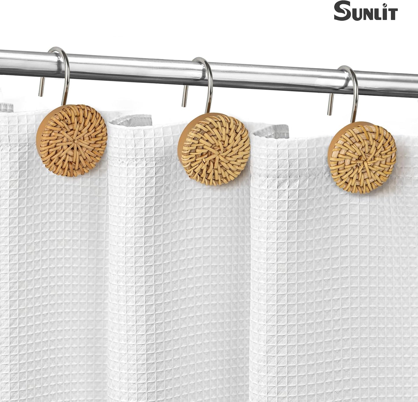 Sunlit Boho Decorative Shower Curtain Hooks, Woven Wicker Ratten Shower Curtain Rings for Bathroom, Farmhouse Shower Curtain Hangers Bathroom Accessories, Set of 12