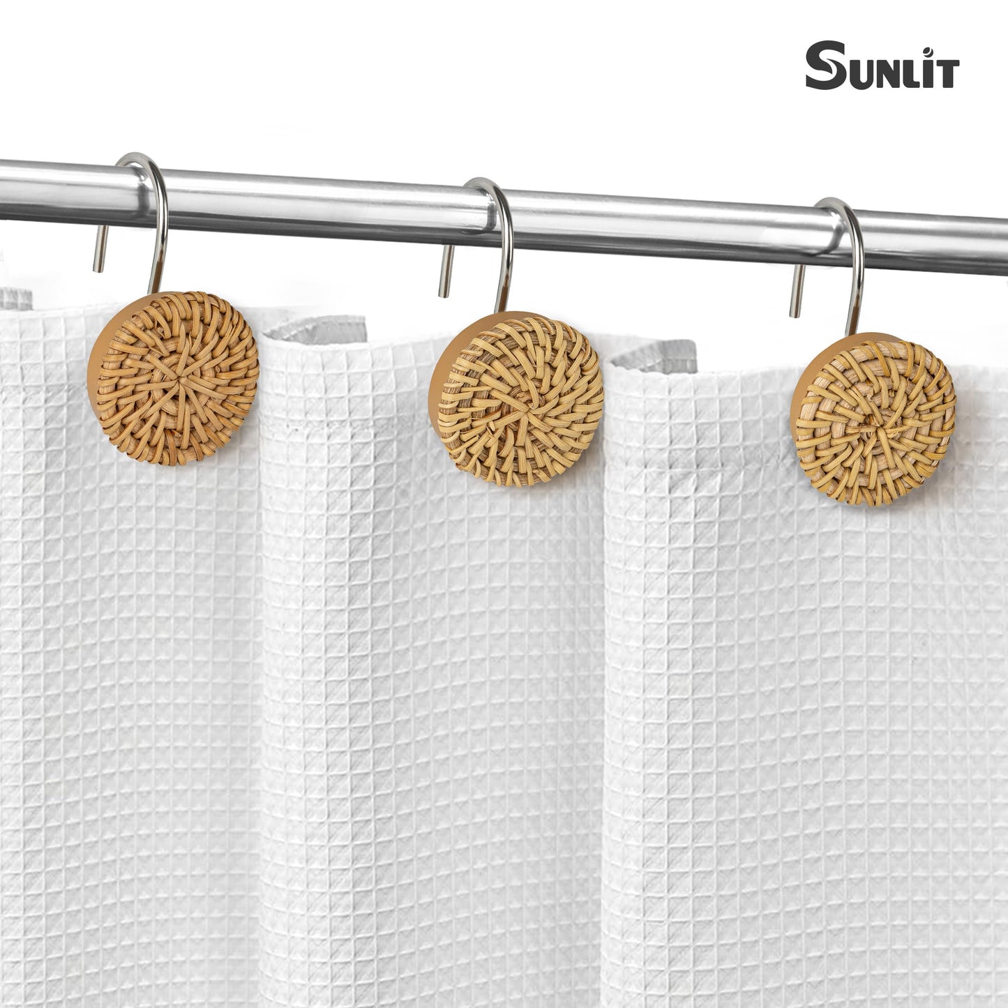 Sunlit Boho Decorative Shower Curtain Hooks, Woven Wicker Ratten Beige Shower Curtain Rings for Bathroom, Farmhouse Shower Curtain Hangers Bathroom Accessories, Set of 12
