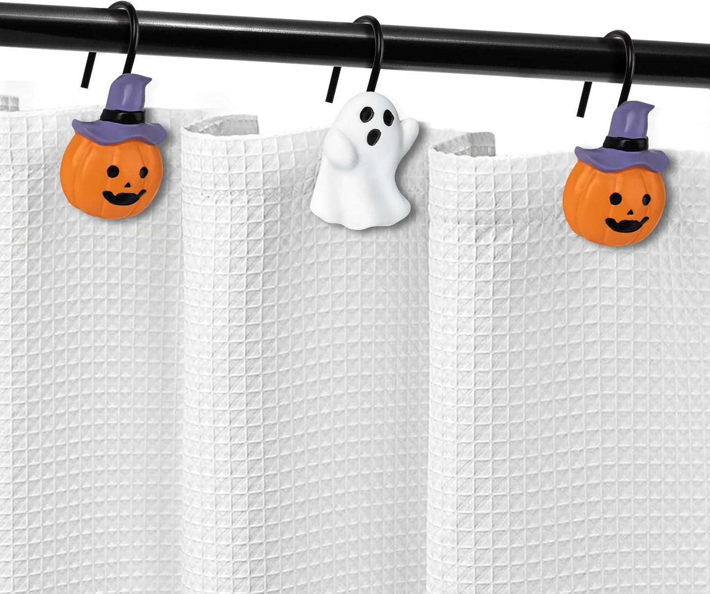 Sunlit Halloween Ghost and Pumpkin Shower Curtain Hooks Set of 12, Cute Jack O Lantern and White Ghost Curtain Rings for Bathroom, Spooky Decorative Bath Accessories
