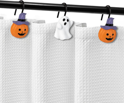 Sunlit Halloween Ghost and Pumpkin Shower Curtain Hooks Set of 12, Cute Jack O Lantern and White Ghost Curtain Rings for Bathroom, Spooky Decorative Bath Accessories