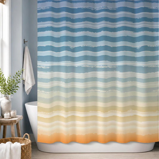 Sunlit Sunset Ombre Striped Shower Curtain, Blue and Orange Textured Slubbed Fabric Shower Curtain for Bathroom Decoration, Gradient Stripe Bathroom Curtain, 72x72
