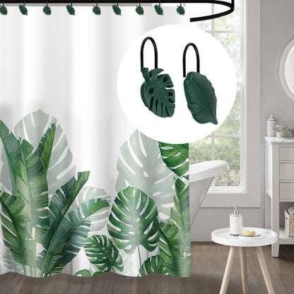 Tropical Leaf Decorative Shower Curtain Hooks Green Botanical Shower Curtain Rings, Resin, Monstera Deliciosa Leaves Shower Curtain Hangers for Bathroom, Set of 12