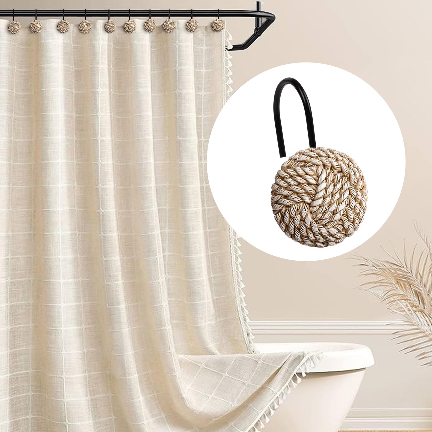 Sunlit Boho Knots Double Shower Curtain Hooks, Home Decorative White Shower Curtain Rings for Bathroom, Seaside Nautical Shower Curtain Hangers Bathroom Accessories, Set of 12
