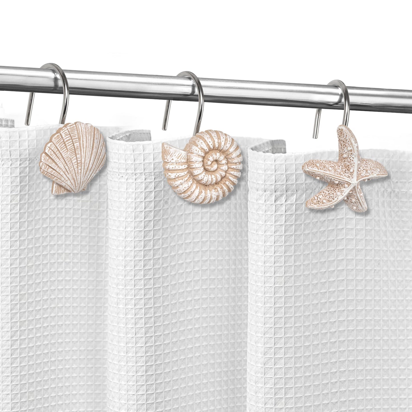 Sunlit Seashells Decorative Shower Curtain Hooks, Scallop Nautilus & Seahorse Shower Curtain Rings, Seashell Blush, Resin, Nautical Bathroom Decoration Beach Shower Curtain Hooks-12 Pack