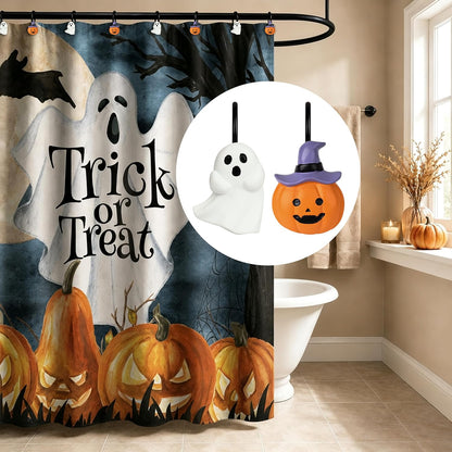 Sunlit Halloween Ghost and Pumpkin Shower Curtain Hooks Set of 12, Cute Jack O Lantern and White Ghost Curtain Rings for Bathroom, Spooky Decorative Bath Accessories