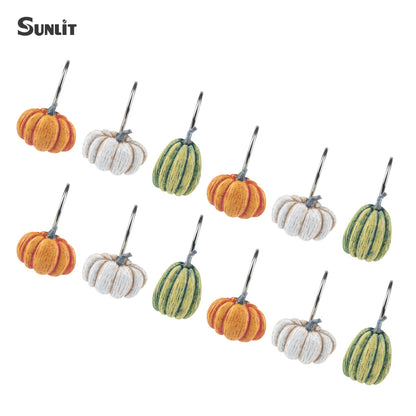Sunlit Fall Pumpkin Decorative Shower Curtain Hooks, Autumn Harvest Festival Shower Curtain Rings, Resin Farmhouse Bathroom Curtain Hangers Decoration, Set of 12, Orange Blue White