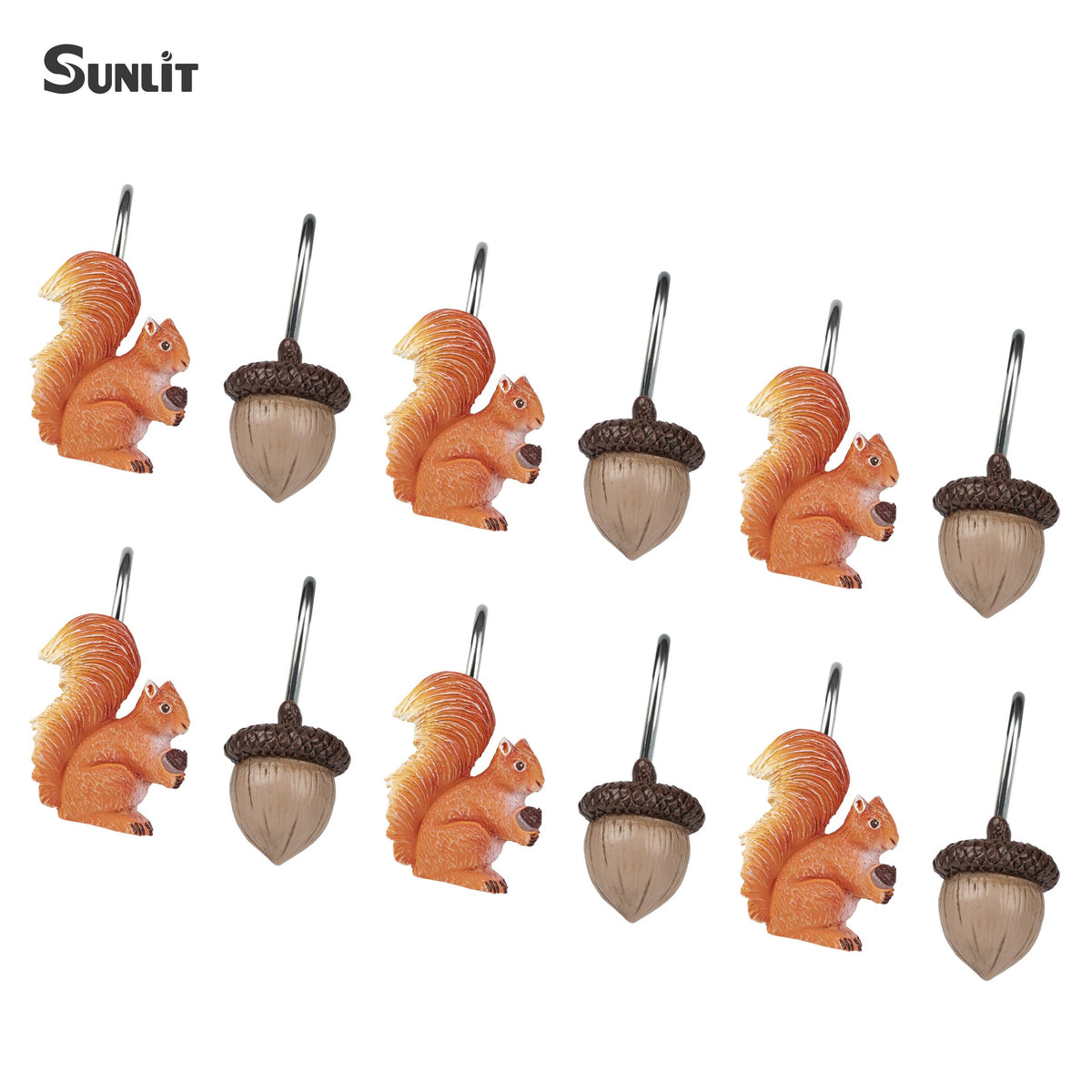 Sunlit Fall Autumn Decorative Shower Curtain Hooks, Pumpkin Maple Leaf Squirrel Acorn Shower Curtain Rings with Black Hooks, Resin, Orange Leaves Cute Bathroom Curtain Hangers Decoration, Set of 12