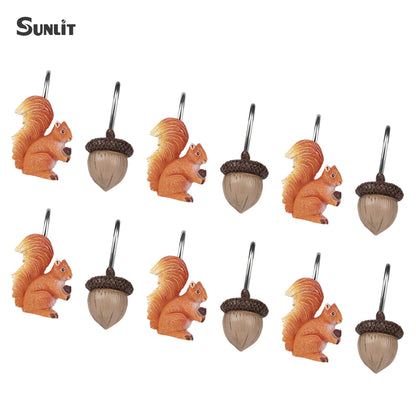 Sunlit Fall Autumn Decorative Shower Curtain Hooks, Pumpkin Maple Leaf Squirrel Acorn Shower Curtain Rings with Black Hooks, Resin, Orange Leaves Cute Bathroom Curtain Hangers Decoration, Set of 12