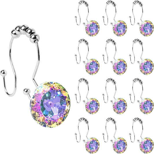 Sunlit Round Rhinestone Shower Curtain Hooks with Glide Balls, 12 Pack