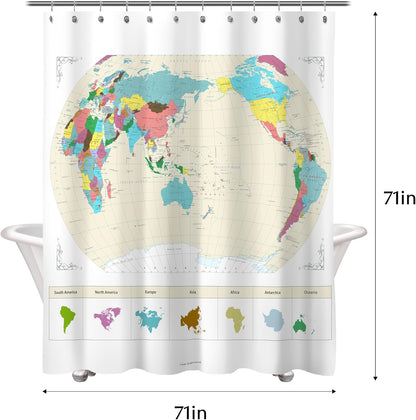 Sunlit Updated World Map Fabric Shower Curtain, Map of The World with Detailed Major Cities Shower Curtains for Kids, Geography Educational Bathroom Curtain, Large Home Decor Wall Map, 71" x 71"