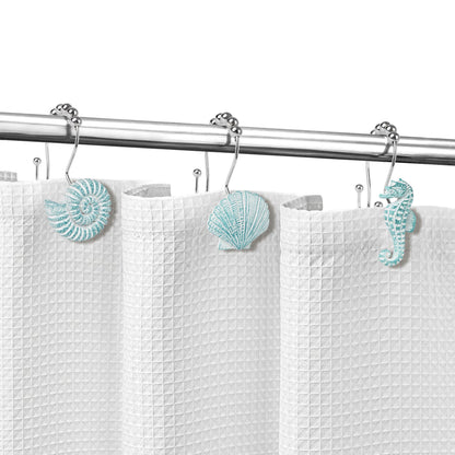 Sunlit Seashells Decorative Shower Curtain Hooks, Aqua Blue Ocean Creatures Coastal Shower Curtain Rings with Black Hooks, Resin, Nautical Bathroom Decoration Beach Shower Curtain Hooks, Set of 12