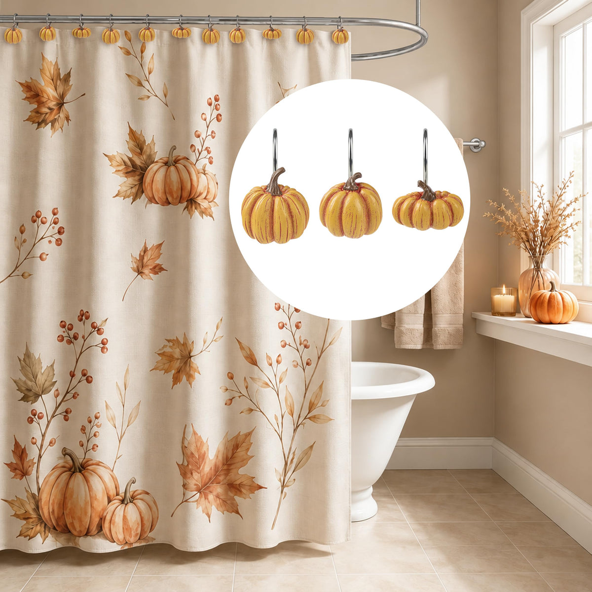 Sunlit Fall Pumpkin Decorative Shower Curtain Hooks, Autumn Harvest Festival Shower Curtain Rings, Resin Farmhouse Bathroom Curtain Hangers Decoration, Set of 12, Orange Blue White