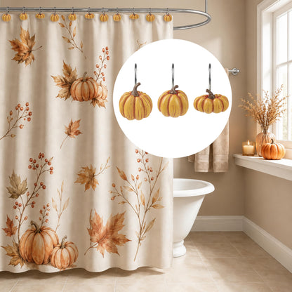 Sunlit Fall Pumpkin Decorative Shower Curtain Hooks, Autumn Harvest Festival Shower Curtain Rings, Resin Farmhouse Bathroom Curtain Hangers Decoration, Set of 12, Orange Blue White