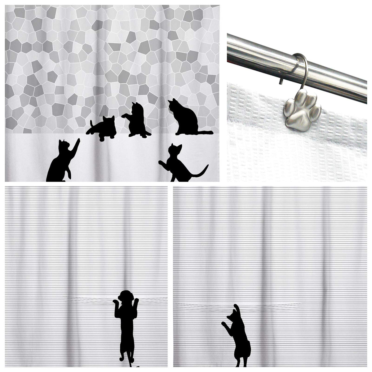 Sunlit Fashion Design Cute Paw Print Polished Double Shower Curtain Hooks for Dog Cat and Bear, Rust Proof Oil Metal Shower Curtain Rings, Black-12 Pack