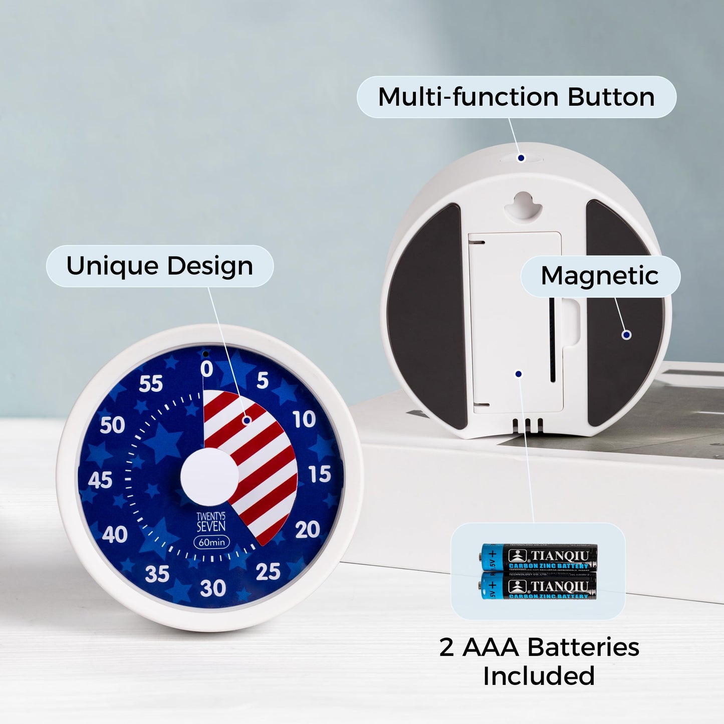 TWENTY5 SEVEN Countdown Timer 3 inch, Silent 60 Minute 1 Hour Visual Timer with Pause, Magnetic Classroom Teaching Tool Office Meeting, Countdown Clock for Kids Time Management, Red White and Blue