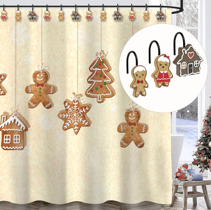 Sunlit Christmas Decorative Shower Curtain Hooks, Cute Gingerbread Man Cookie Shower Curtain Rings, Xmas Winter Holiday Bathroom Decoration for Kids Girls Boys Children, Resin, Set of 12