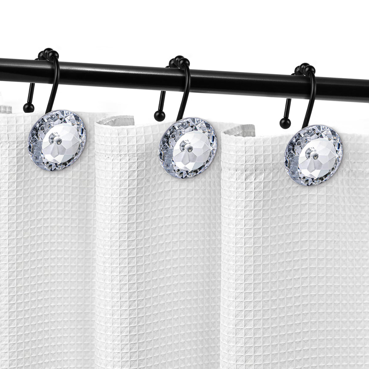 Sunlit Round Rhinestone Shower Curtain Hooks with Glide Balls, 12 Pack