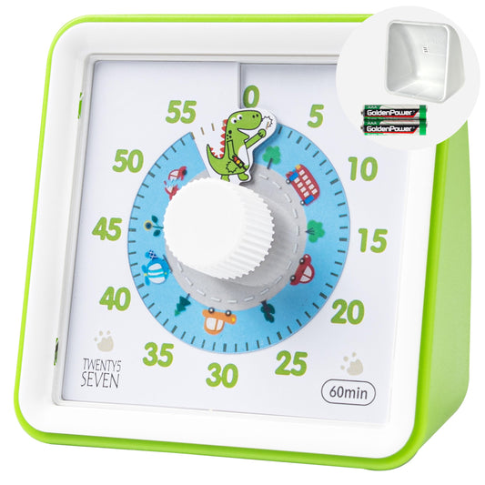 Visual Timer with Protective Case, 60-Minute Countdown Timer for Kids Autism ADHD Classroom Home Office, Countdown Clock for Teaching Work Meeting Time Management, Naughty Green Dino