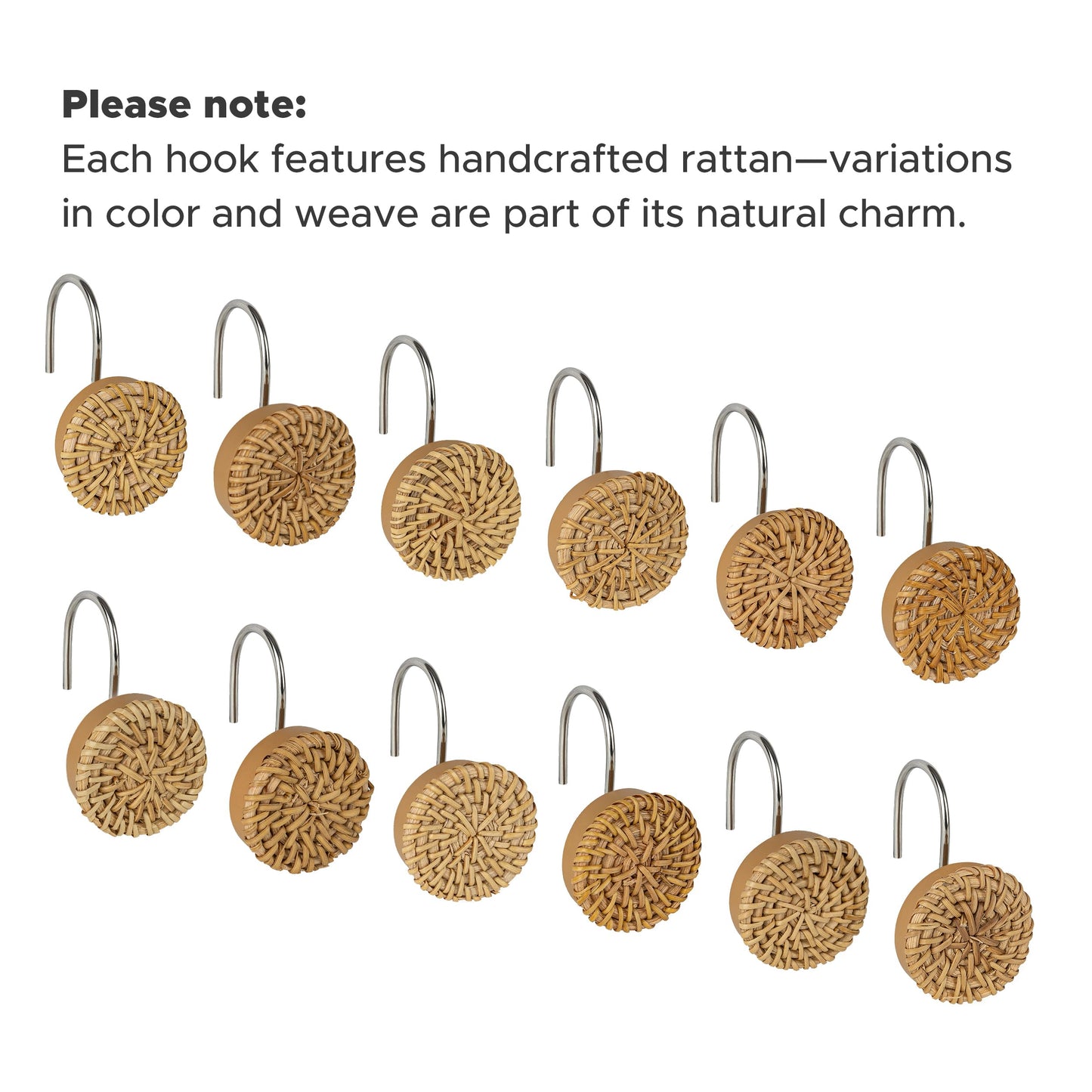 Sunlit Boho Decorative Shower Curtain Hooks, Woven Wicker Ratten Beige Shower Curtain Rings for Bathroom, Farmhouse Shower Curtain Hangers Bathroom Accessories, Set of 12