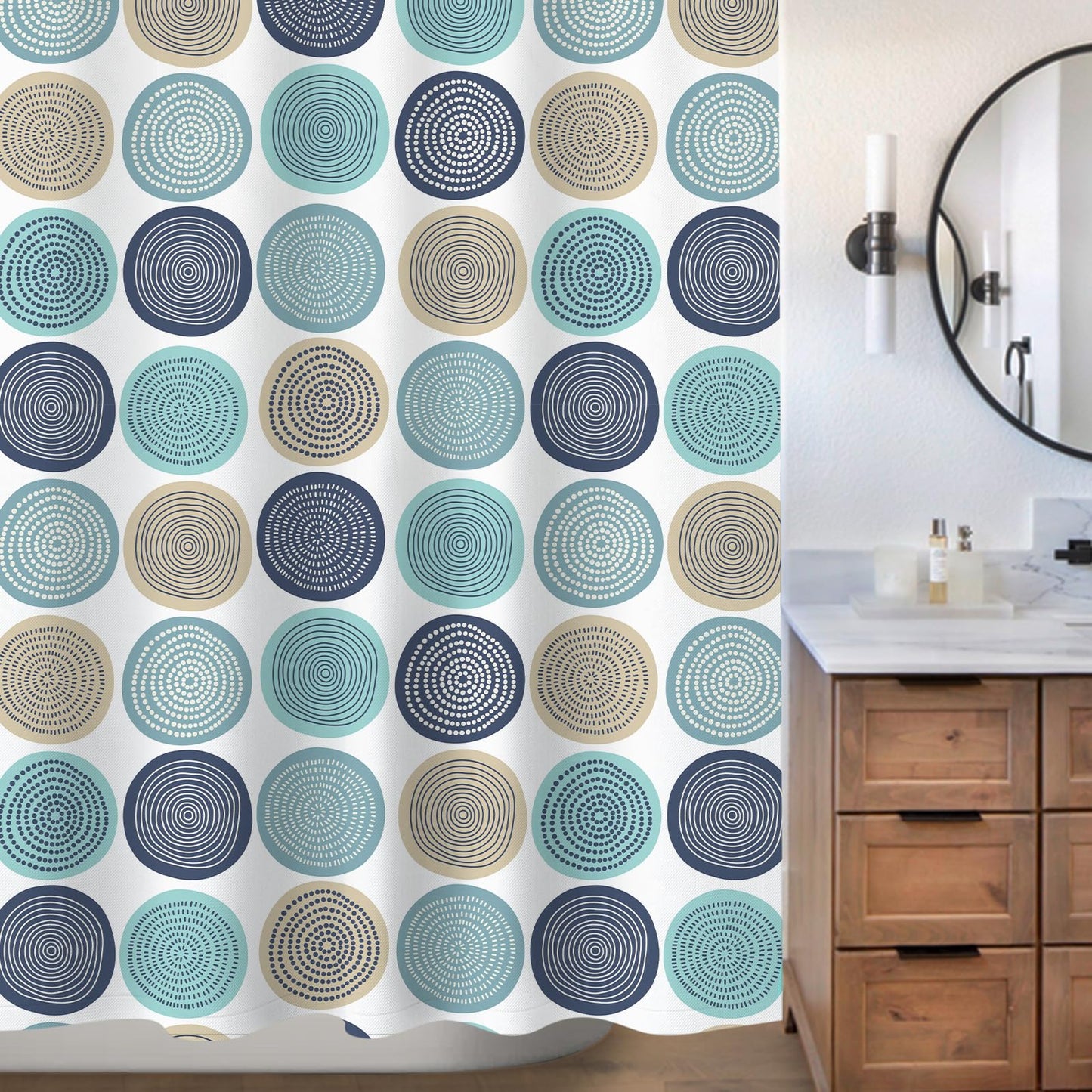 Sunlit Abstract Tree Rings Woody Artistic Fabric Shower Curtain. Nature Pale Blue Teal Beige Light Brown