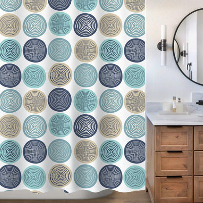 Sunlit Abstract Tree Rings Woody Artistic Fabric Shower Curtain. Nature Pale Blue Teal Beige Light Brown
