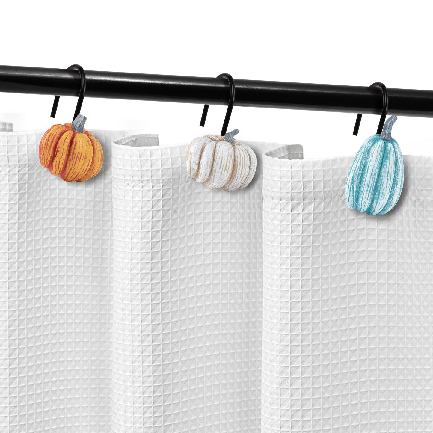 Sunlit Fall Pumpkin Decorative Shower Curtain Hooks, Autumn Harvest Festival Shower Curtain Rings, Resin Farmhouse Bathroom Curtain Hangers Decoration, Set of 12, Orange Blue White