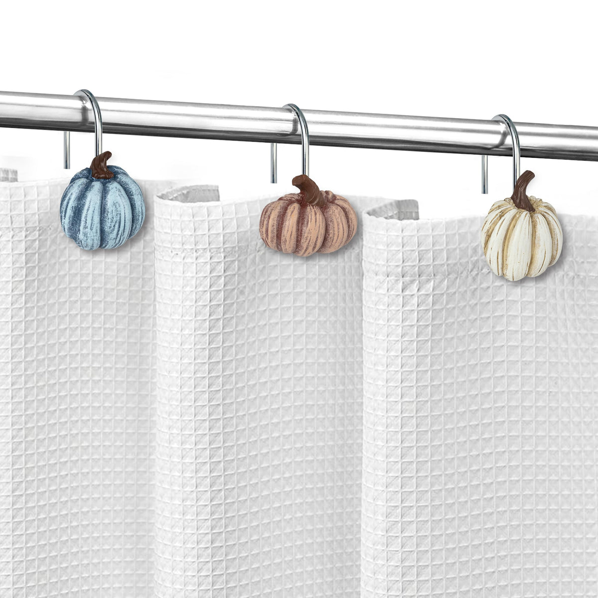 Sunlit Fall Pumpkin Decorative Shower Curtain Hooks, Autumn Harvest Festival Shower Curtain Rings, Resin Farmhouse Bathroom Curtain Hangers Decoration, Set of 12, Orange Blue White